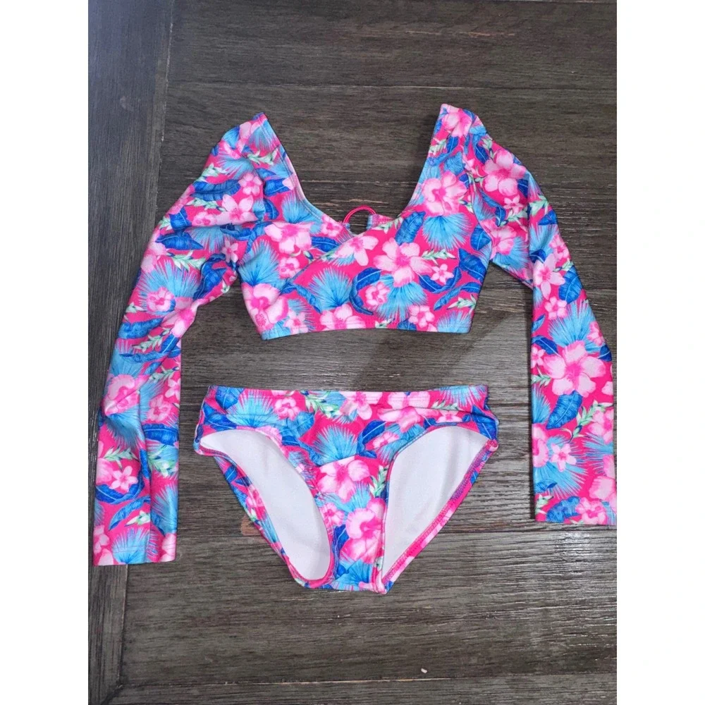 Art Class Girls Tropical Floral Long Sleeve Bikini Set Pink Blue XS 4/5
